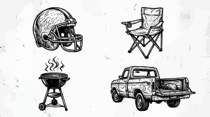 Football helmet, folding chair, barbecue grill, and pickup truck represent classic outdoor leisure activities in this hand-drawn illustration. © nanda