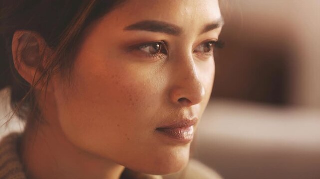 Close up portrait of thoughtful young woman with natural makeup in warm soft lighting