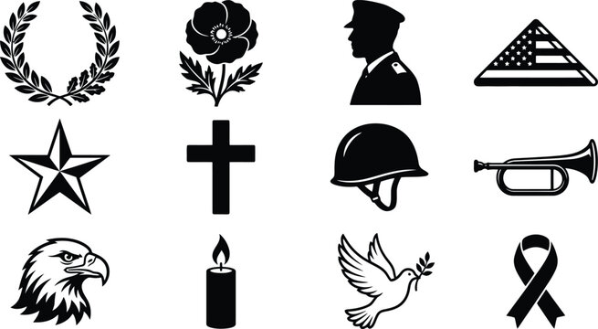 Collection of black silhouette related to military memorial, remembrance, and funeral services, featuring symbols of respect