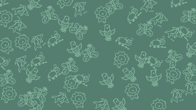 Butterflies and floral patterns decorate this seamless green background design.