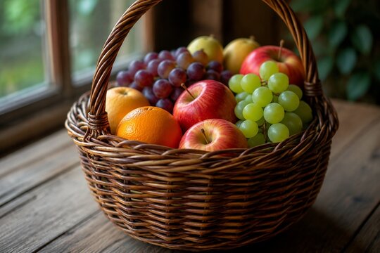 A tightly woven osier basket filled with fresh fruits, natural texture of willow.