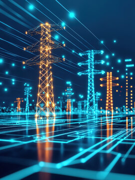Overhead transmission line towers transporting green clean energy technology illustration
