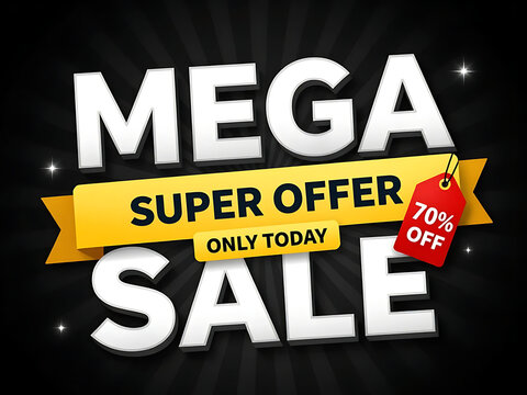 Mega super offer sale banner with yellow ribbon and red tag