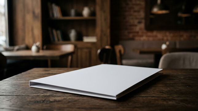 Blank White Presentation Folder Resting on a Rustic Wooden Table in a Cozy Cafe with Blurred Background