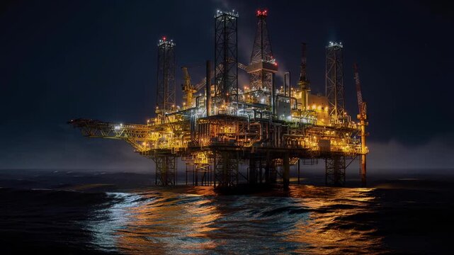 Illuminated offshore oil rig platform at night in the ocean with dark sky and reflective water