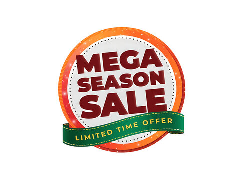 Mega season sale badge with orange circle and green ribbon