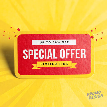Red special offer banner on a bright yellow background