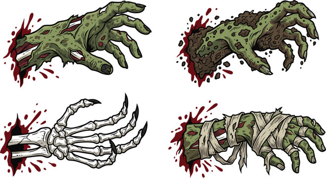 Horror vector collection of reaching undead zombie, creepy skeleton, and bloody wrapped mummy hands.