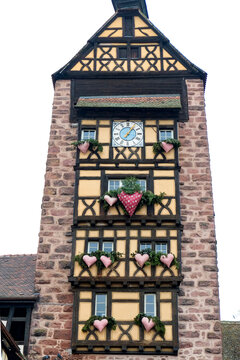 Medieval half-timbered clock tower, Riquewihr, France