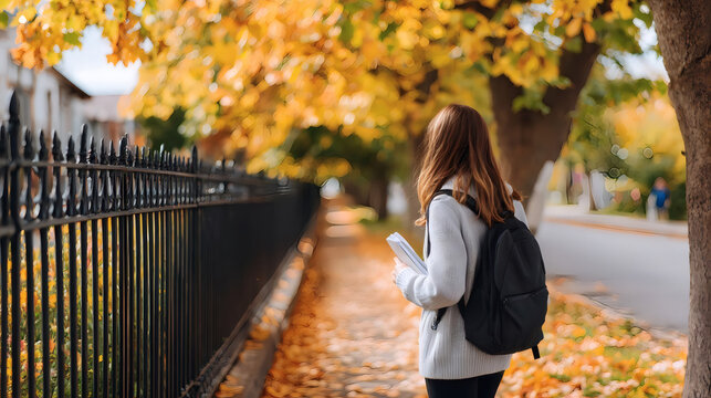 A young woman with a backpack walks down an autumn street holding books. Colorful yellow leaves cover the trees and ground, creating a warm, seasonal atmosphere.
