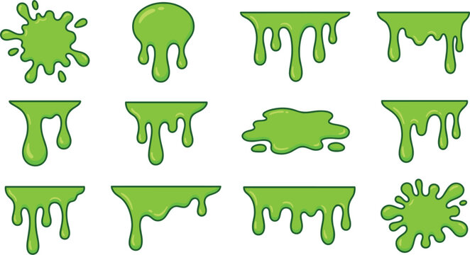 Toxic green slime drips and gooey splatter borders, isolated cartoon vector design elements collection.