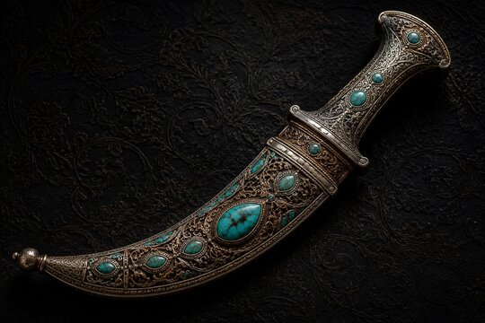 Curved dagger with intricate arabesque patterns and turquoise inlaid scabbard.