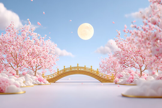 Cartoon illustration of magpie bridge on the moonlit night of Chinese Valentine's Day Festival