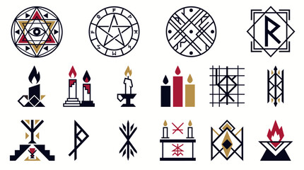 Set of mystical occult symbols esoteric signs and ritual candles for witchcraft magic and spiritual practices in a flat minimalist vector style © Ashok