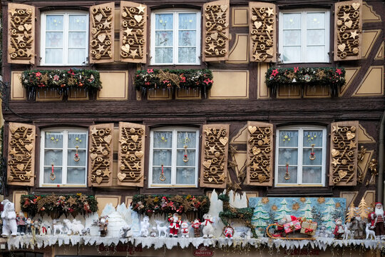 Half-timbered building facade with Christmas decor