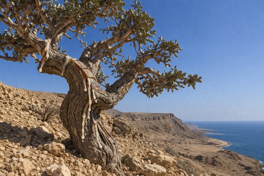 Twisted frankincense tree on cliff with white resin tears.
