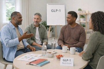 Group discussing GLP1 treatment and nutrition, diverse adults in modern setting © dvoevnore