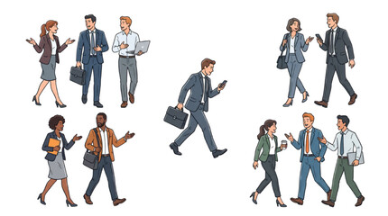Obraz premium Business People Walking and Talking Sketch Vector Set, Architectural Human Figure Design Collection