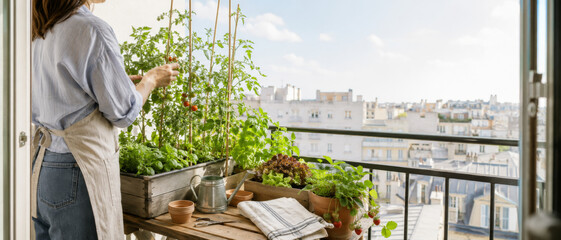 Woman tending balcony garden with urban skyline view, summer © dvoevnore