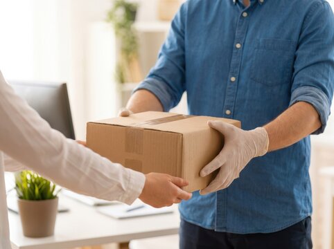 Delivery worker handing a cardboard parcel to a recipient wearing protective gloves with delivery, shipping