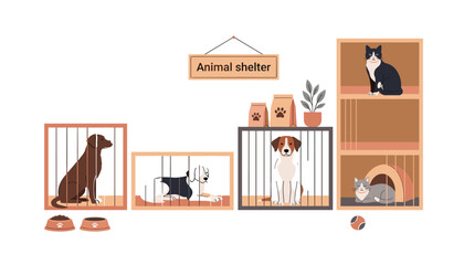 Fototapeta premium An illustration of pets inside an animal shelter . rescued dogs in cages, domestic cats, adoption center .