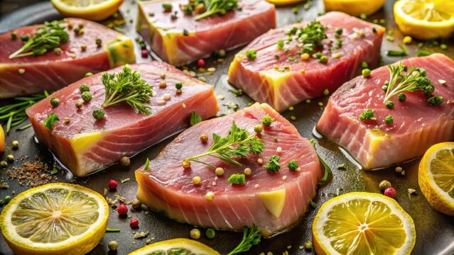 Sizzling yellowfin tuna steaks splayed like golden suns on a bed of olive oil and lemon zest