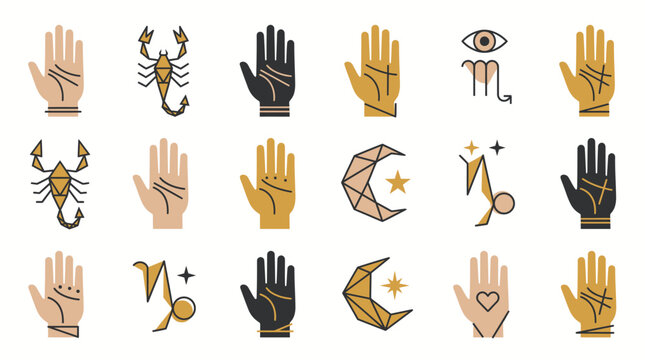 Set of mystical esoteric elements including palmistry hands zodiac signs scorpions and moon phases for spiritual and occult design projects