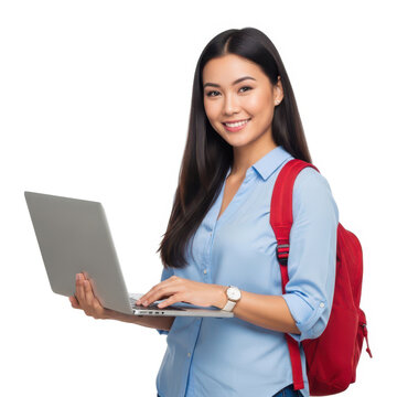 Young woman with a red backpack holding a laptop and smiling at the camera.