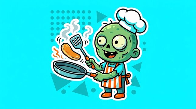 Funny Cartoon Green Zombie Chef Cooking Sausage in Frying Pan Vector Illustration 
