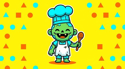 Naklejka premium Cute Green Zombie Chef Cartoon Character with Hat and Spoon 