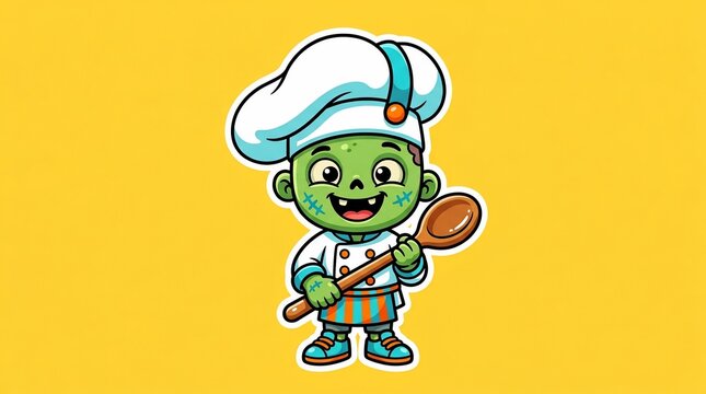 Green zombie chef holding spoon vector illustration character design for cooking themed graphics