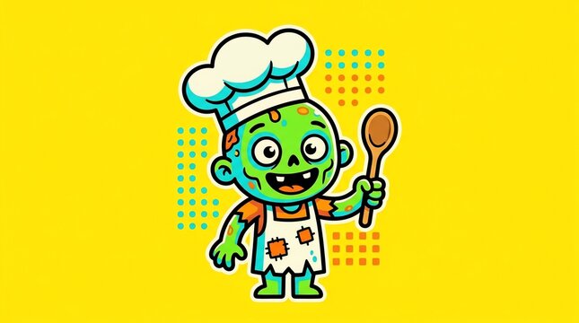 Funny cartoon illustration of a cute green zombie chef holding a wooden spoon against a bright yellow background 