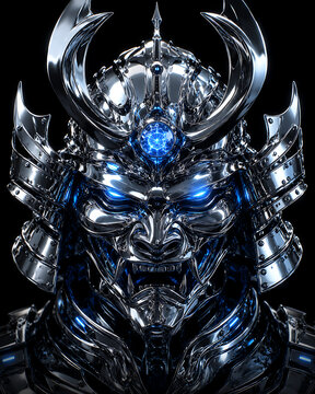 Futuristic cybernetic samurai warrior helmet with glowing blue eyes.