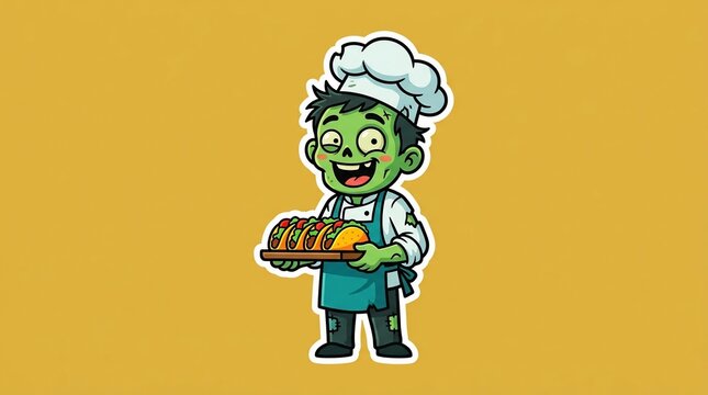 Funny cartoon green zombie chef holding a plate of delicious tacos 