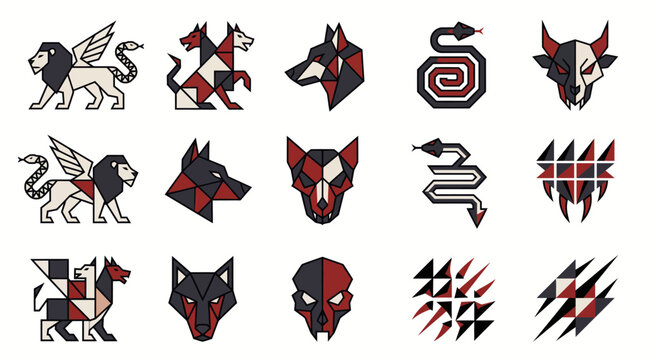Set of abstract geometric animal icons featuring wolves lions and snakes in a dark red and black minimalist vector style