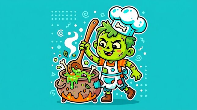 Green_zombie_chef_stirring_soup_202607241529_2.jpg - A funny cartoon zombie character cooking with a big wooden spoon in a boiling cauldron on a bright turquoise background