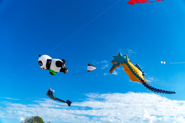 Giant inflatable panda and seahorse kites flying high against a bright blue sky with light clouds on a sunny day. © IgnasiusIMade