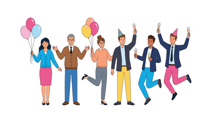 Obraz premium A cheerful vector illustration of diverse people celebrating a party . colorful balloons, champagne glasses, festive hats, joyful jumping friends .