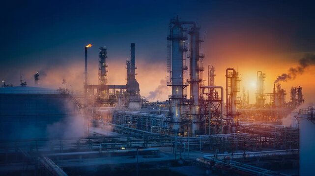 Industrial oil refinery with smoke and fire flare at sunset showing energy production and pollution