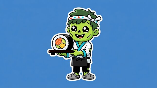Green zombie sushi chef balancing fresh maki rolls on a wooden tray a fun vector illustration for culinary 