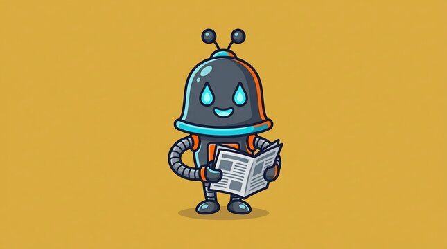 Cute cartoon robot reading a newspaper while relaxing, 