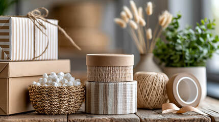 Obraz premium Eco-friendly packaging supplies including biodegradable packing peanuts and paper tape, sustainable shipping solutions, with copy space