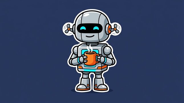 Cute cartoon robot character enjoying a hot cup of coffee with steam rising, friendly sci-fi android design concept