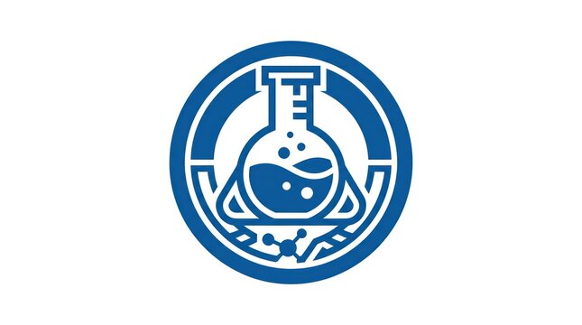 Laboratory logo with flask and microscope in circular badge design. Science emblem featuring chemical glassware for research and education branding.