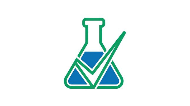 Laboratory flask with green check mark symbolizing success. Scientific approval icon for research validation and quality assurance.