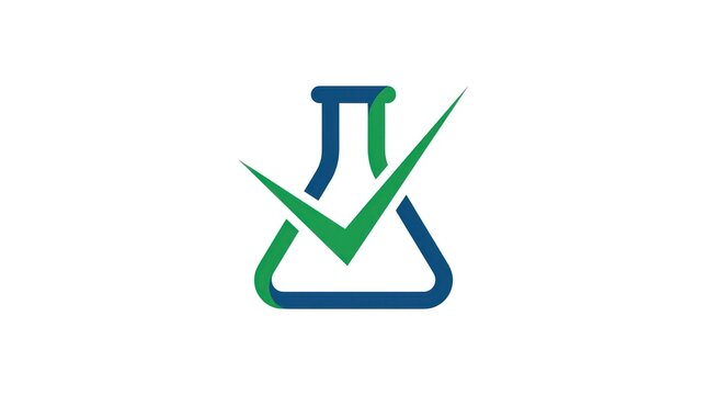 Laboratory flask with green checkmark for approval success. Scientific glassware icon symbolizing quality control and validation testing.
