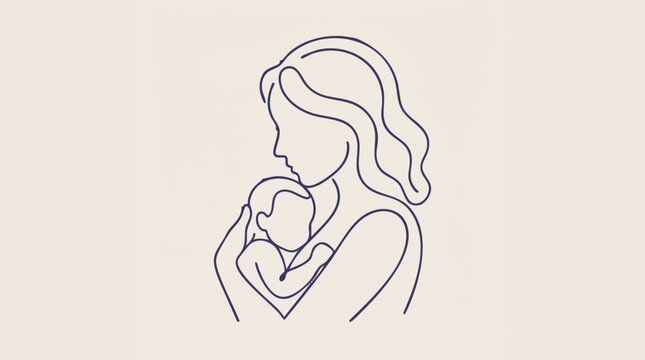 Minimalist Line Art Illustration of Mother Holding Baby with Love