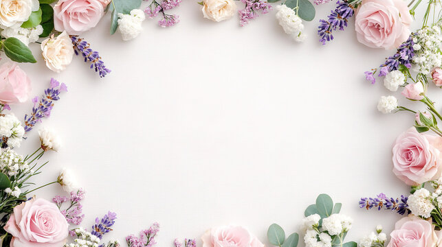 Romantic decorative art background of flowers flat lay on white cardboard