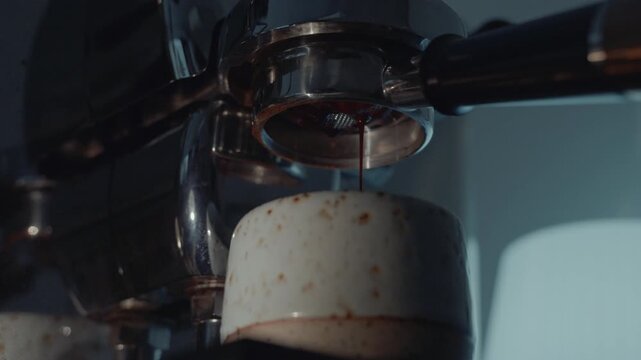4K Espresso coffee flowing from bottomless portafilter into cup, professional coffee making process.