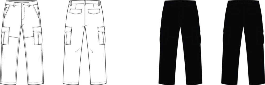Professional vector fashion flat sketch template showing casual cargo pants with utility pockets